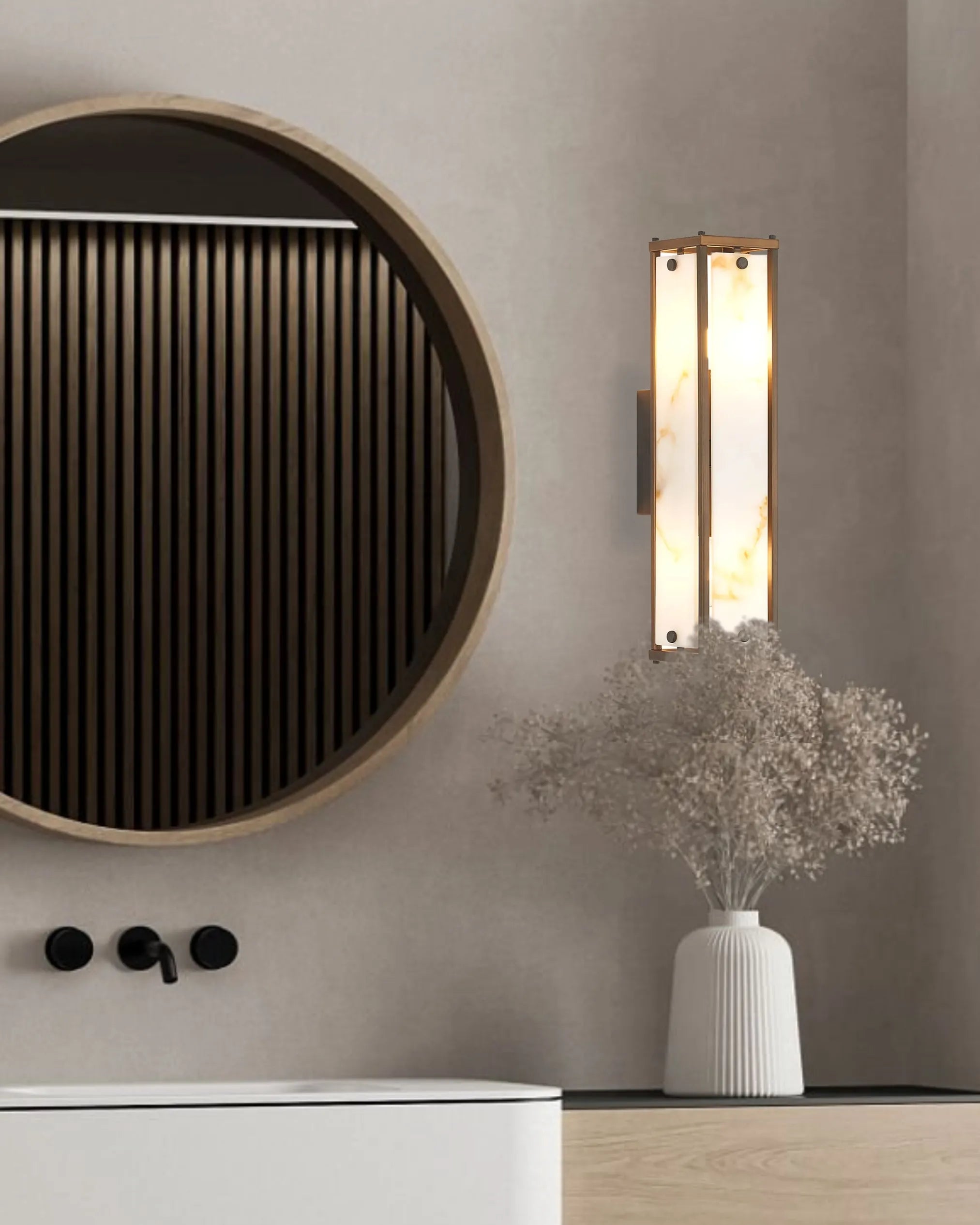 Sherlock 40cm Rectangular Wall Light, 2 Light E14, IP44, Painted Bronze with Faux Alabaster Glass