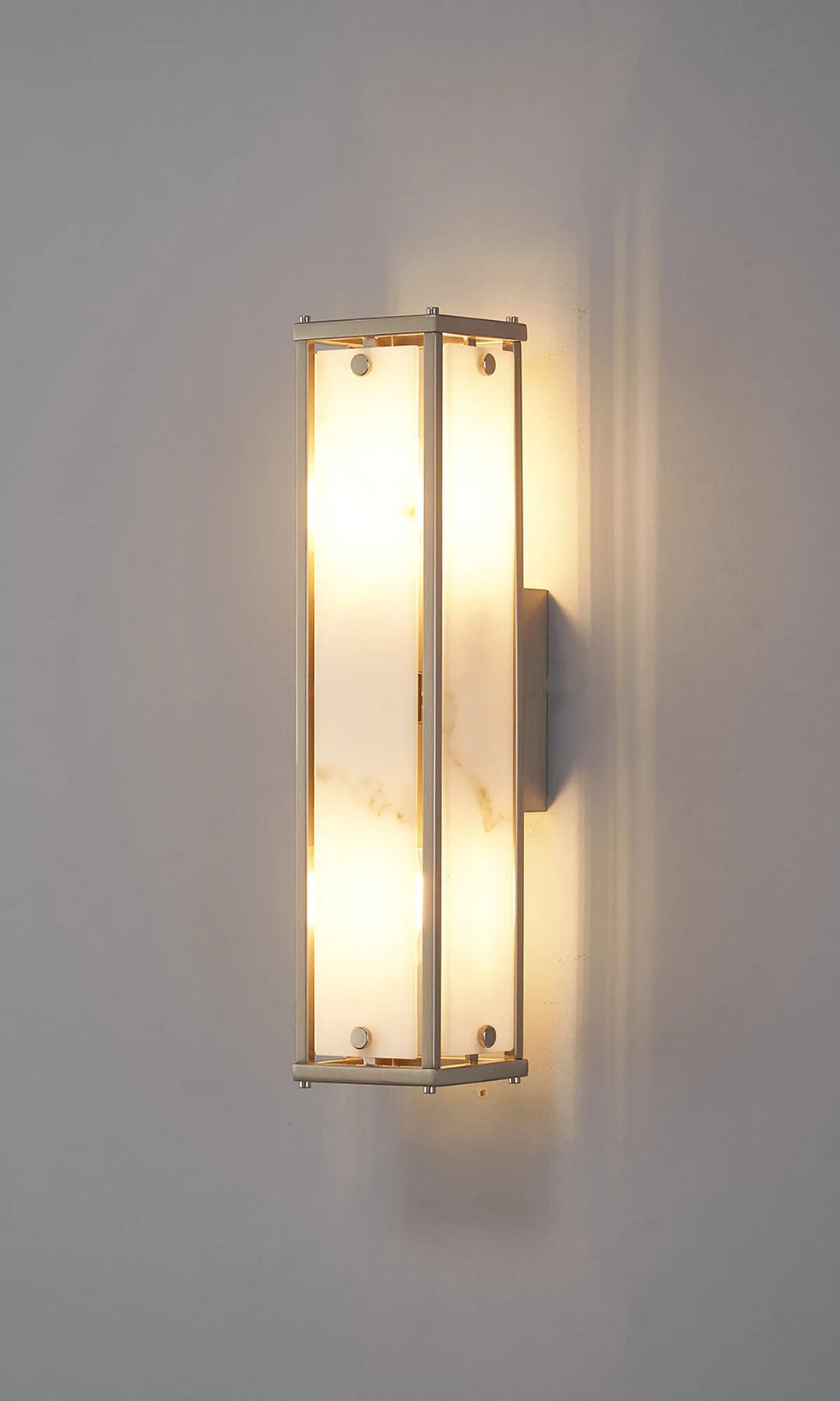 Sherlock 40cm Rectangular Wall Light, 2 Light E14, IP44, Satin Nickel with Faux Alabaster Glass