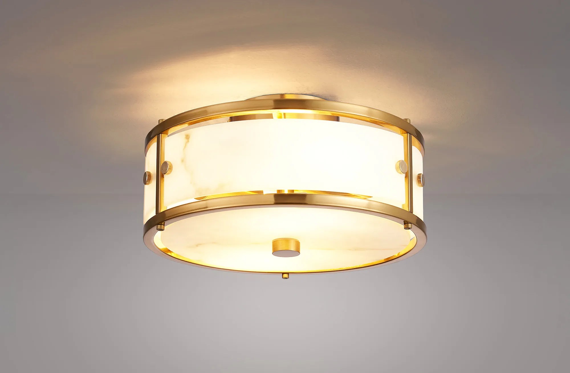 Sherlock 25cm Round Ceiling, 2 Light E14, IP44, Brass with Faux Alabaster Glass