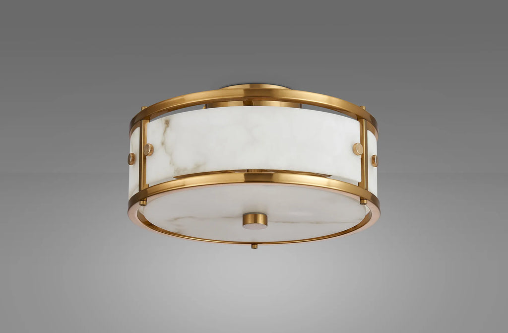 Sherlock 25cm Round Ceiling, 2 Light E14, IP44, Brass with Faux Alabaster Glass