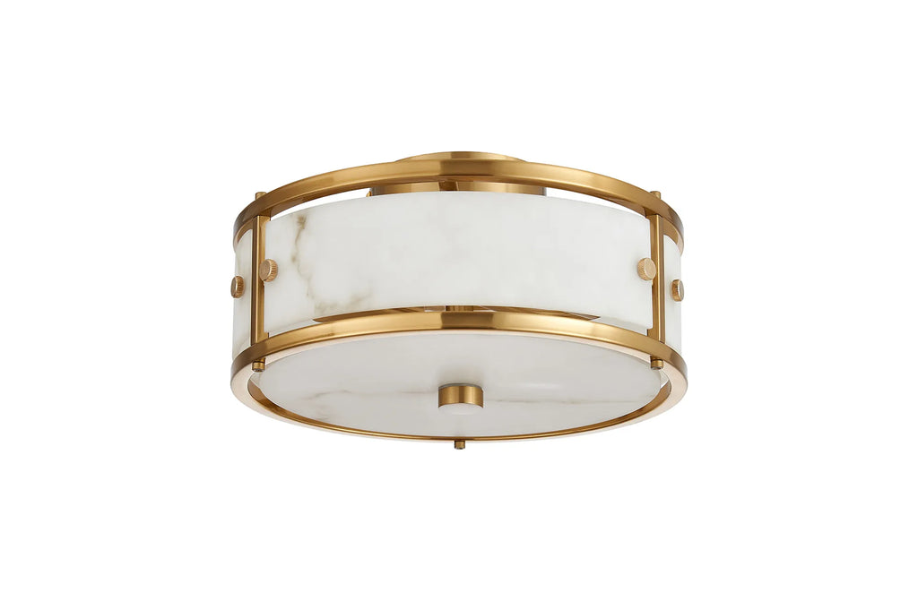 Sherlock 25cm Round Ceiling, 2 Light E14, IP44, Brass with Faux Alabaster Glass