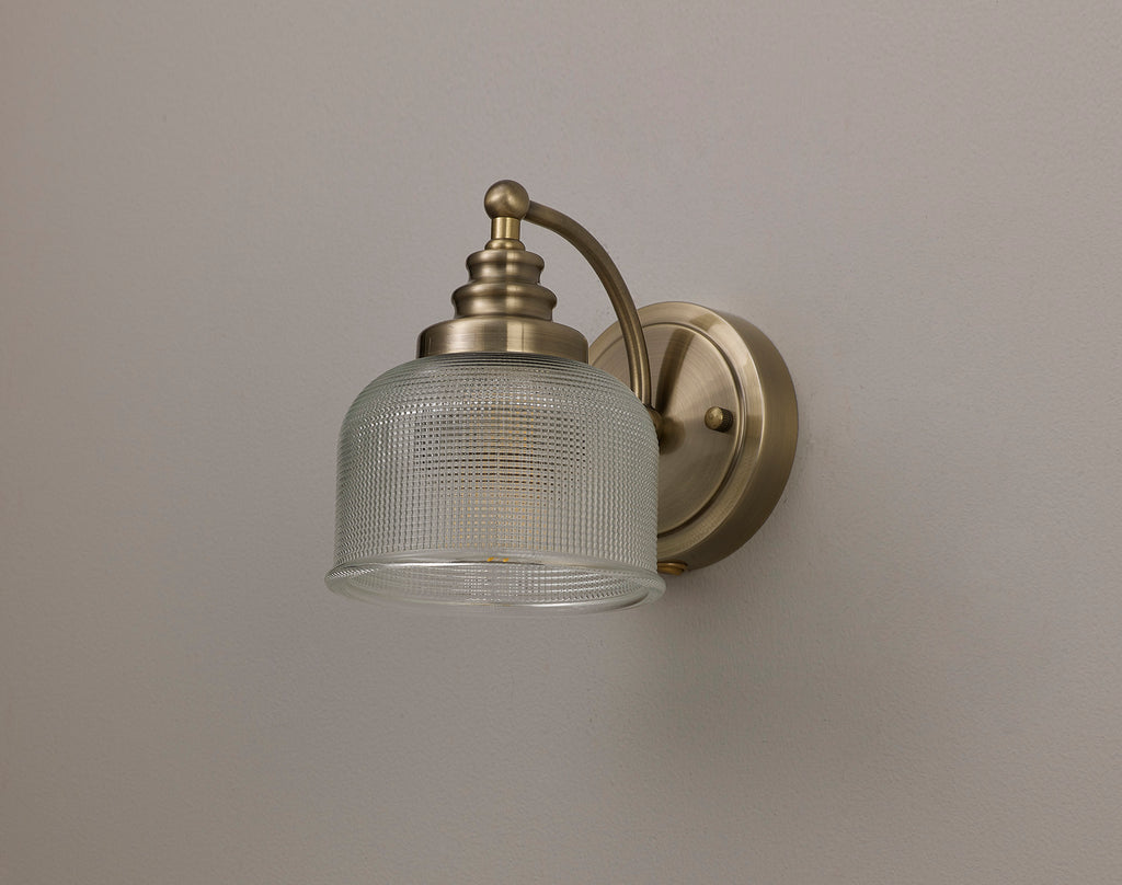 Antique Brass Sledmere Single Wall Light, Switched, 1 x E27, Glass Shade