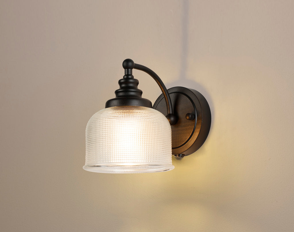 Matt Black Sledmere Single Wall Light, Switched, 1 x E27, Glass Shade