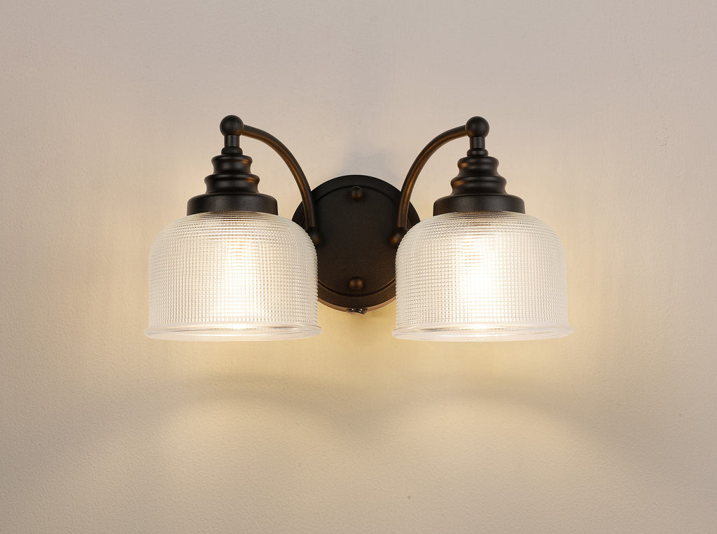 Matt Black Sledmere Double Wall Light, Switched, 2 x E27, Glass Shade