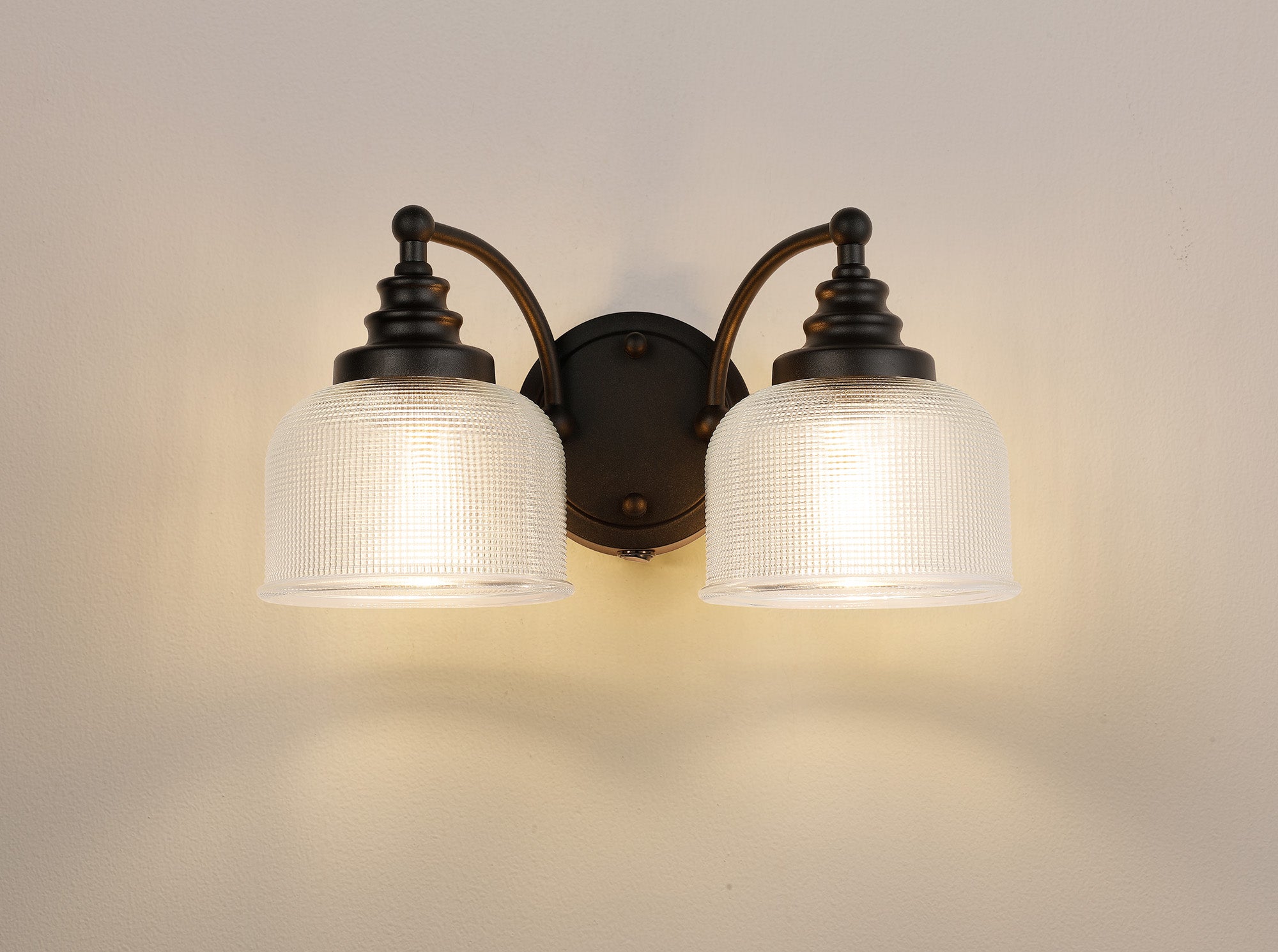 Matt Black Sledmere Double Wall Light, Switched, 2 x E27, Glass Shade