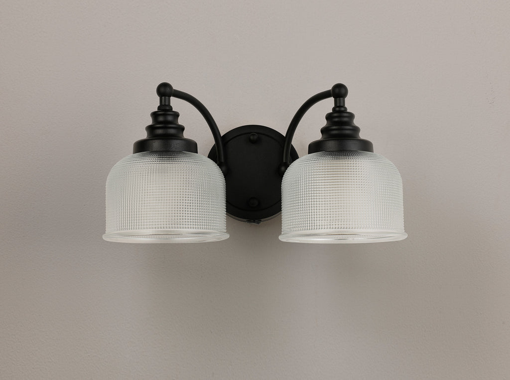 Matt Black Sledmere Double Wall Light, Switched, 2 x E27, Glass Shade