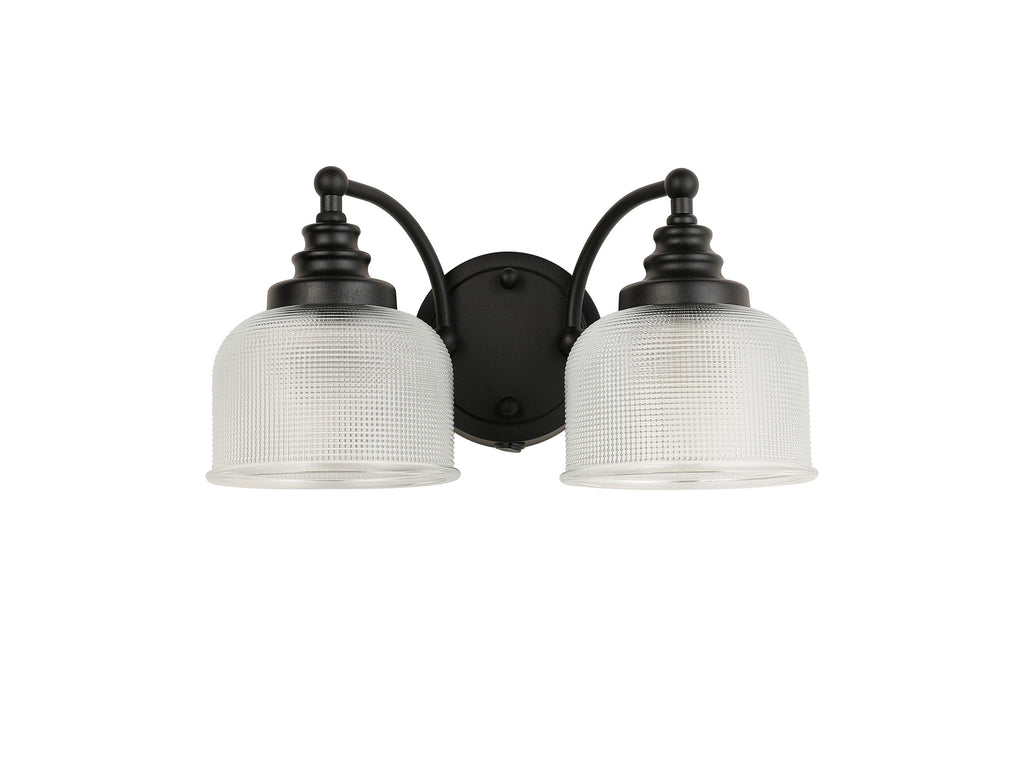 Matt Black Sledmere Double Wall Light, Switched, 2 x E27, Glass Shade