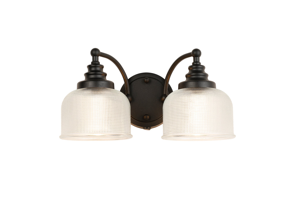 Matt Black Sledmere Double Wall Light, Switched, 2 x E27, Glass Shade
