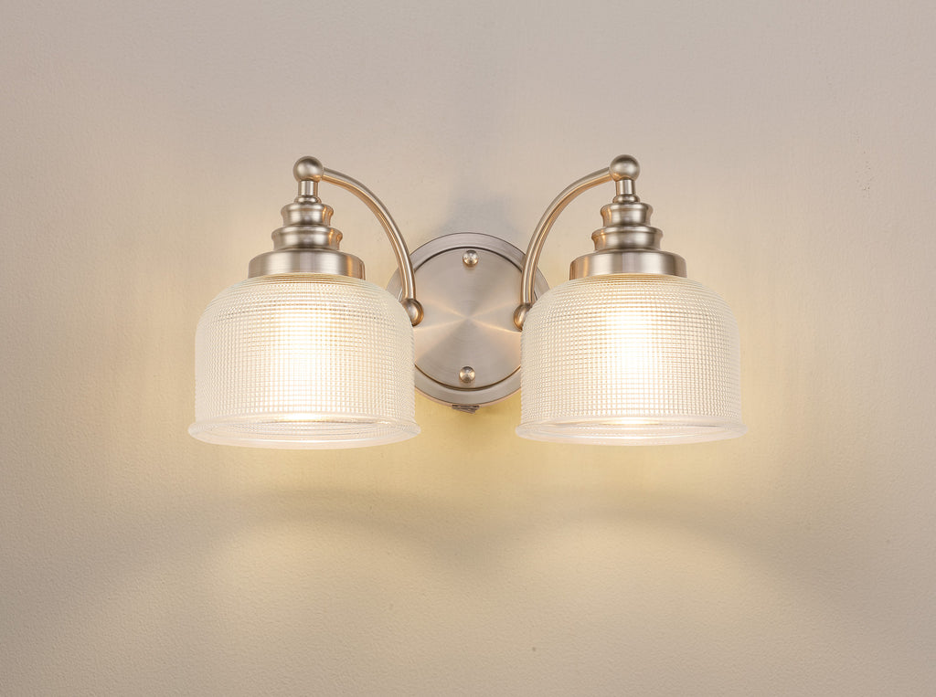 Satin Nickel Sledmere Double Wall Light, Switched, 2 x E27, Glass Shade