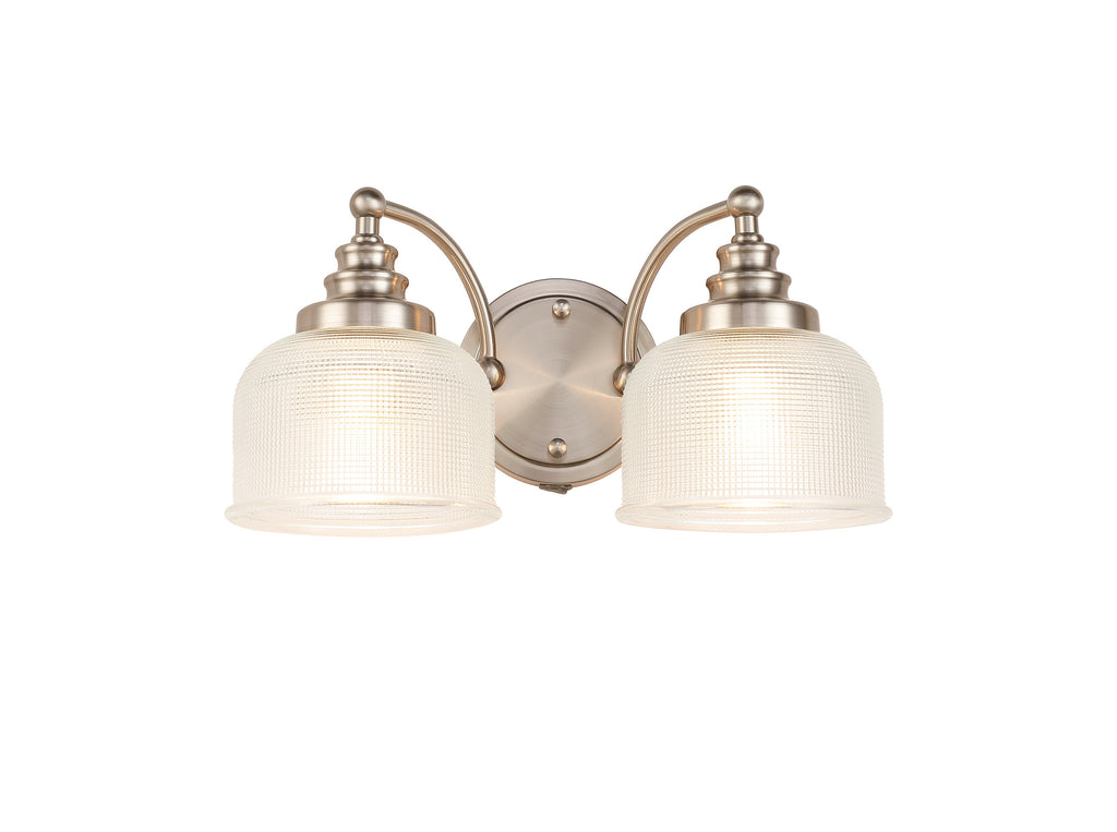 Satin Nickel Sledmere Double Wall Light, Switched, 2 x E27, Glass Shade