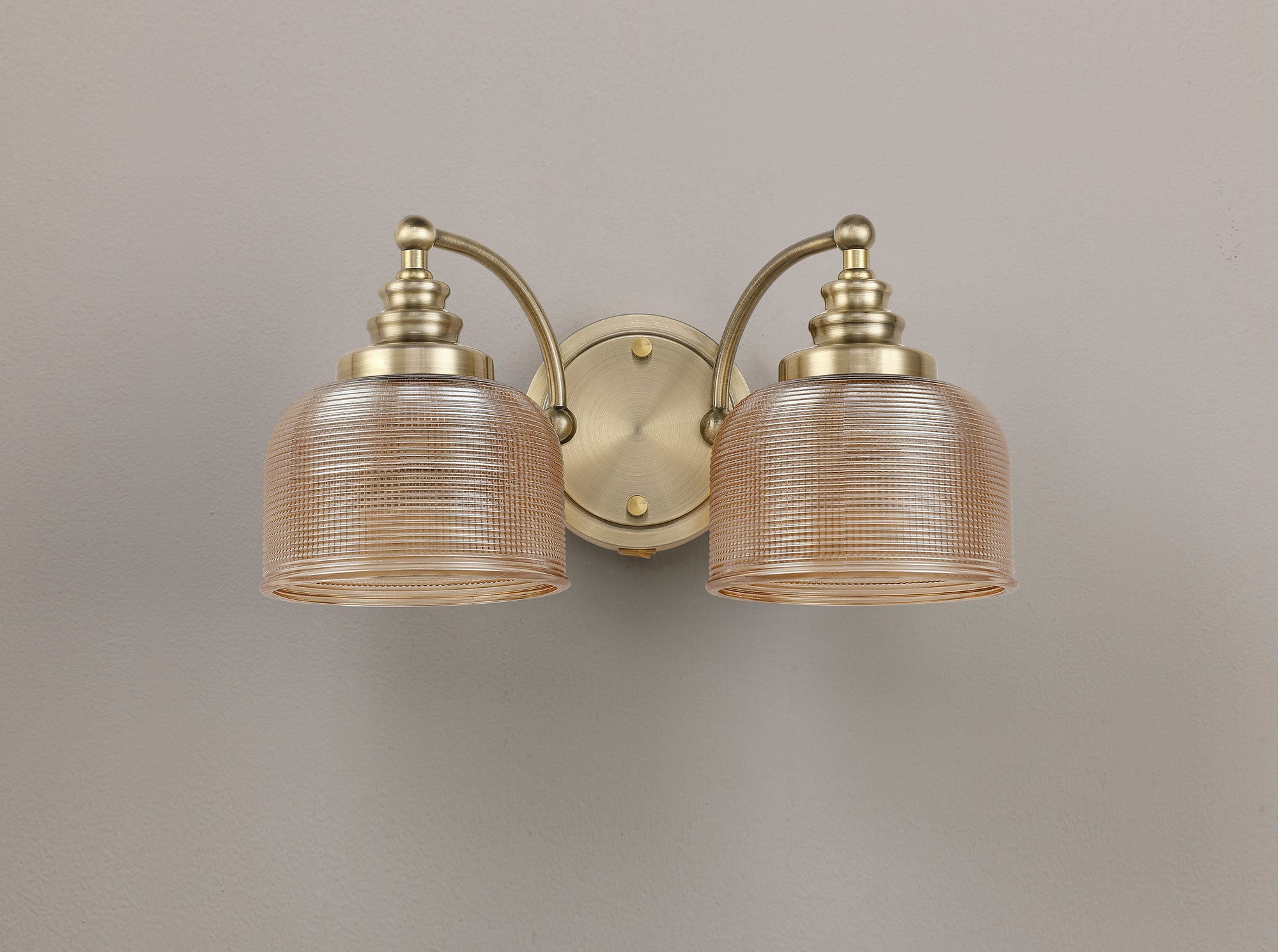 Antique Brass Sledmere Double Wall Light, Switched, 2 x E27, Glass Shade