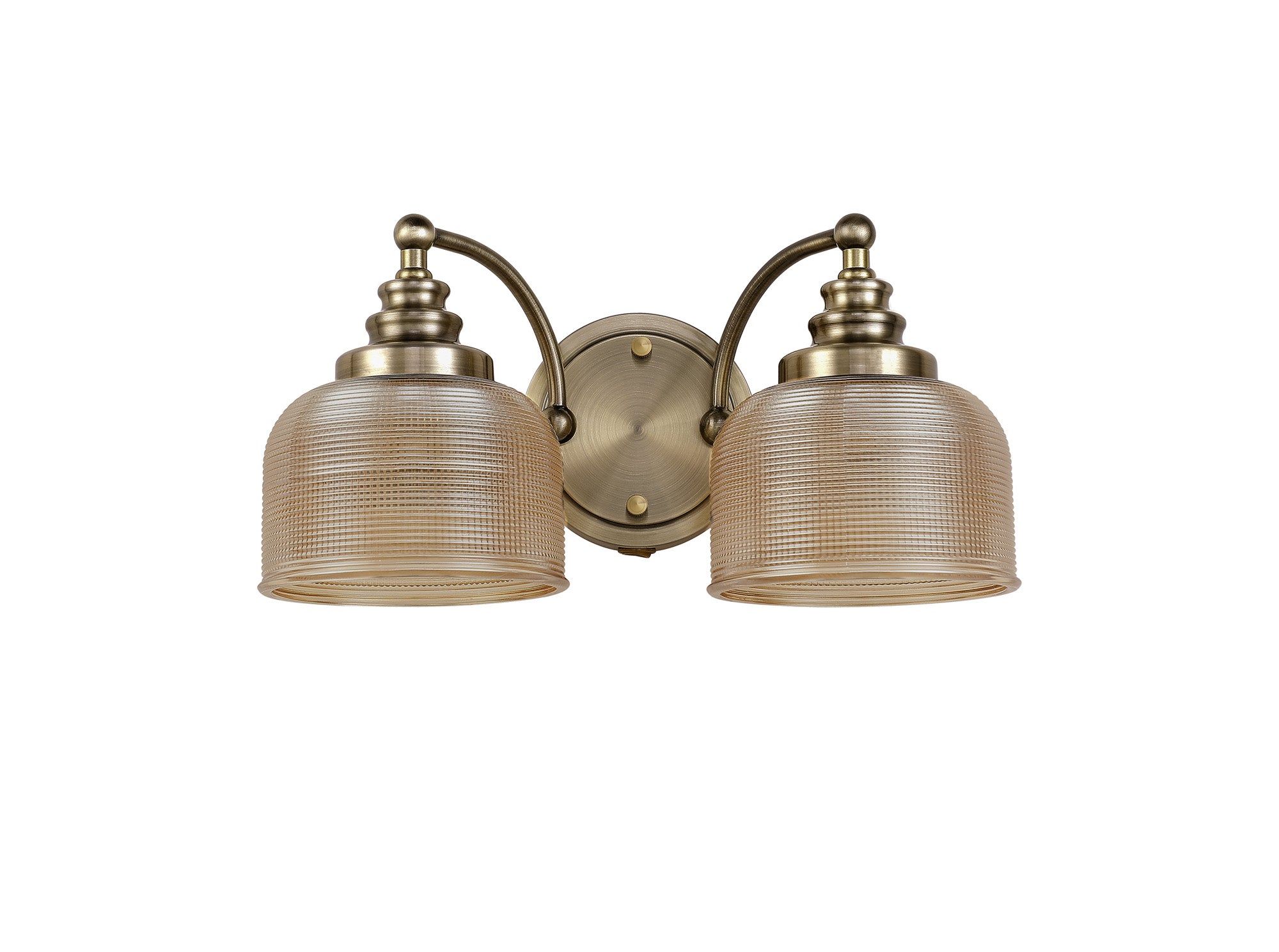 Antique Brass Sledmere Double Wall Light, Switched, 2 x E27, Glass Shade
