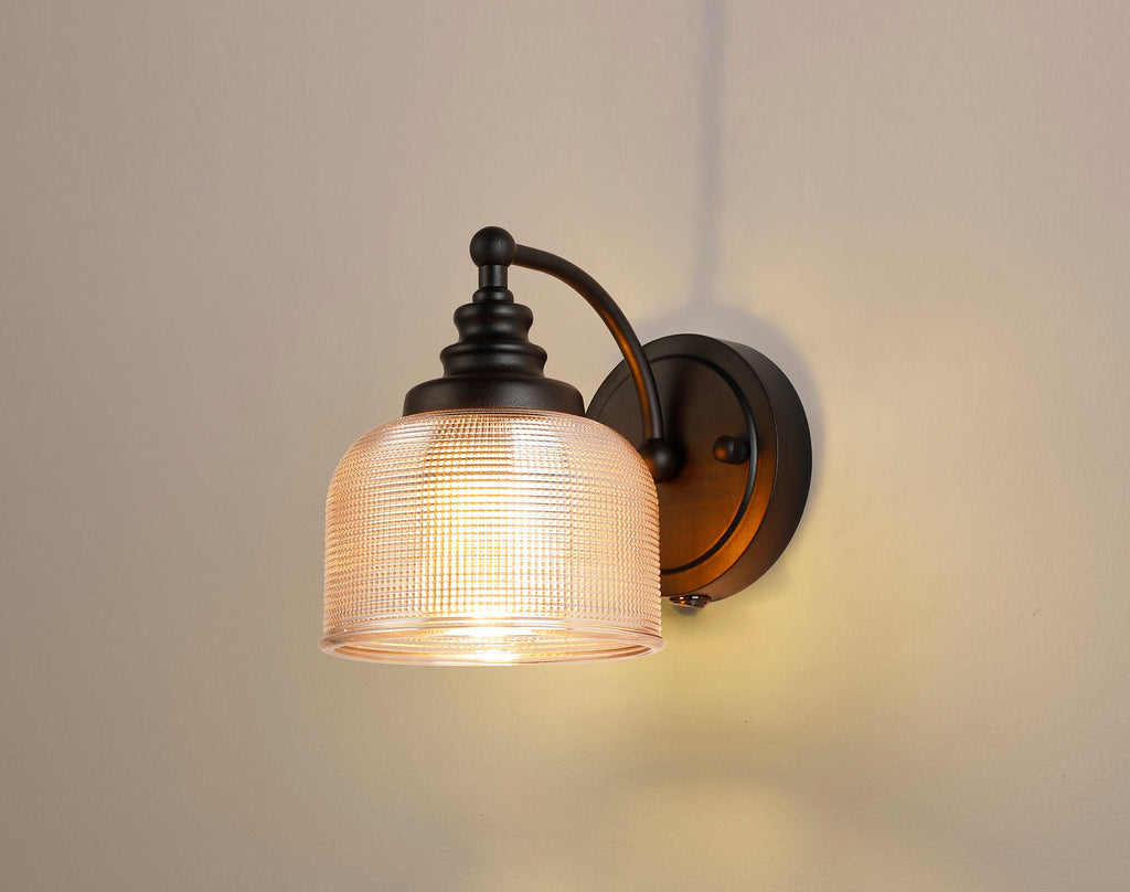 Matt Black Sledmere Single Wall Light, Switched, 1 x E27, Glass Shade