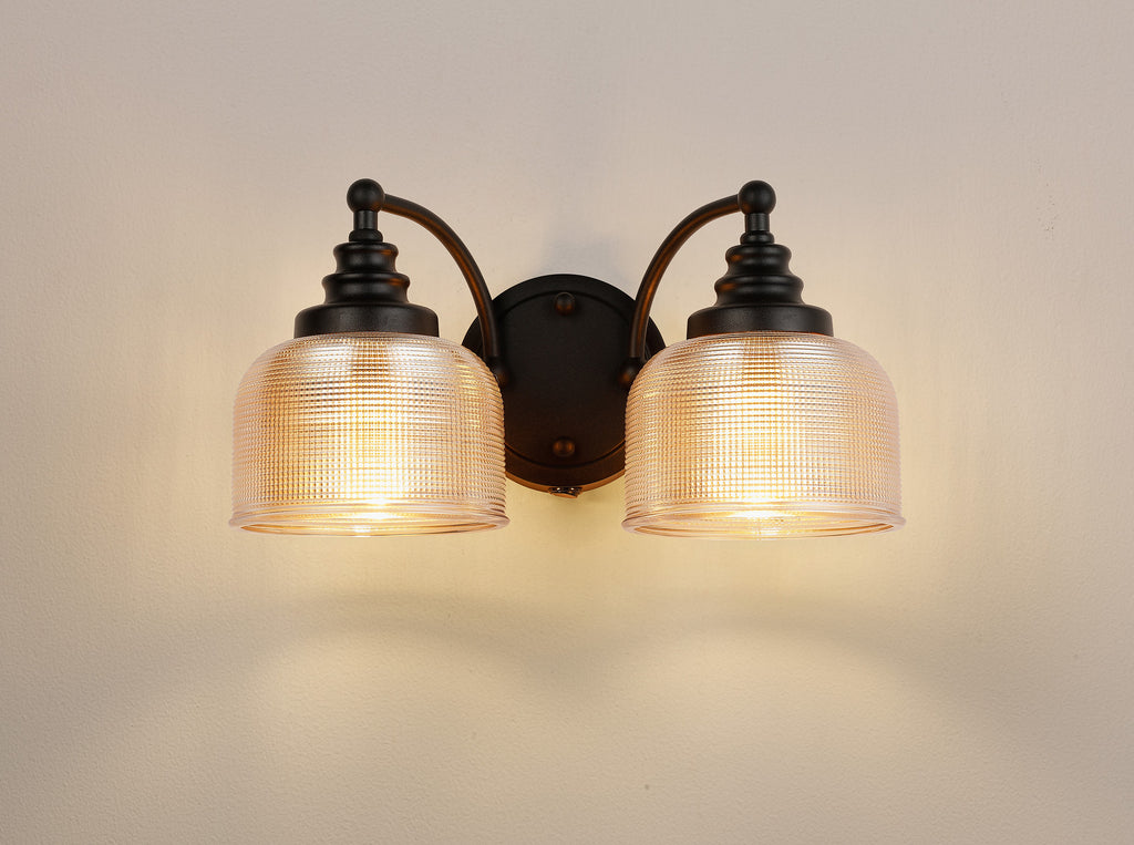 Matt Black Sledmere Double Wall Light, Switched, 2 x E27, Glass Shade