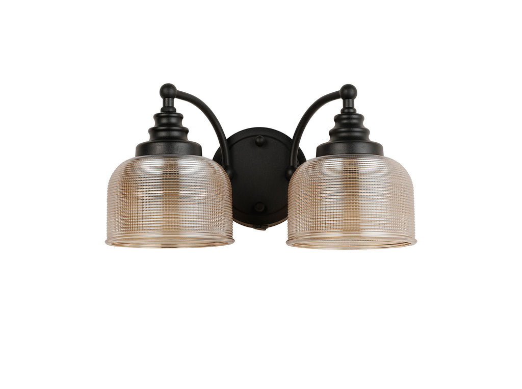 Matt Black Sledmere Double Wall Light, Switched, 2 x E27, Glass Shade