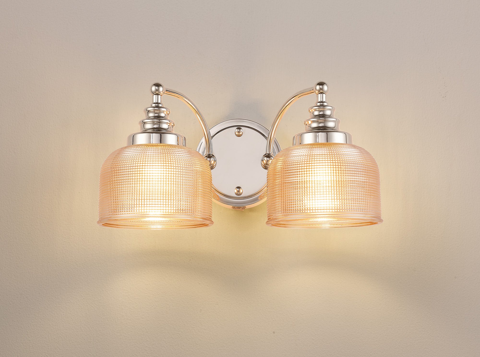 Polished Nickel Sledmere Double Wall Light, Switched, 2 x E27, Glass Shade