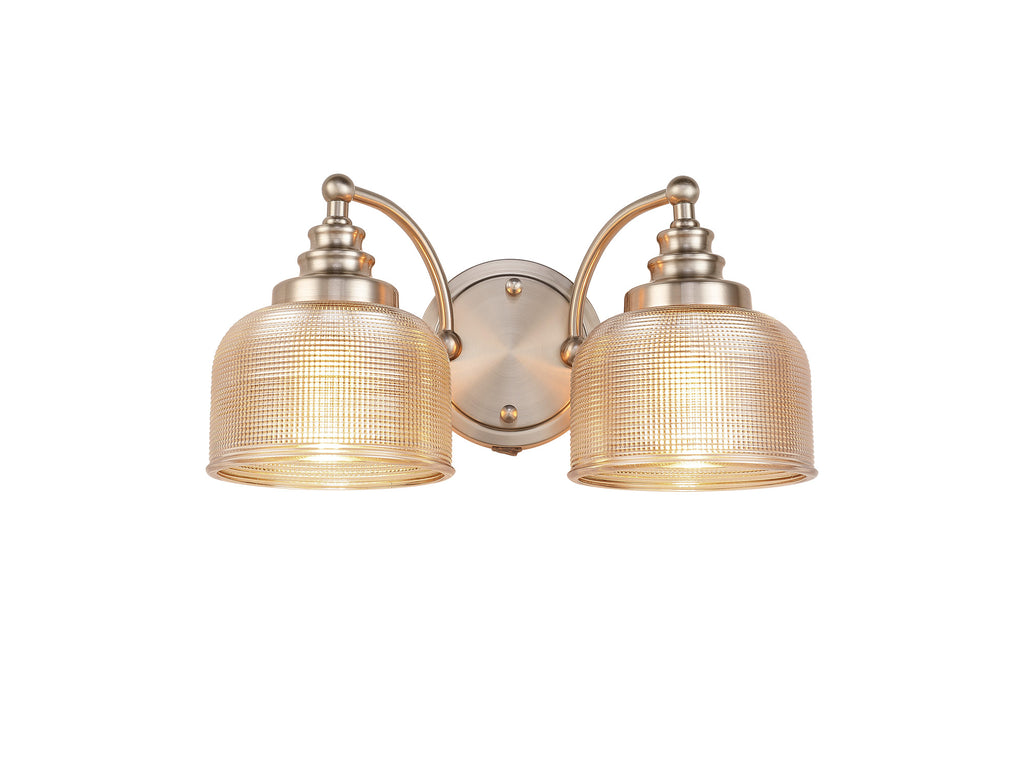 Satin Nickel Sledmere Double Wall Light, Switched, 2 x E27, Glass Shade