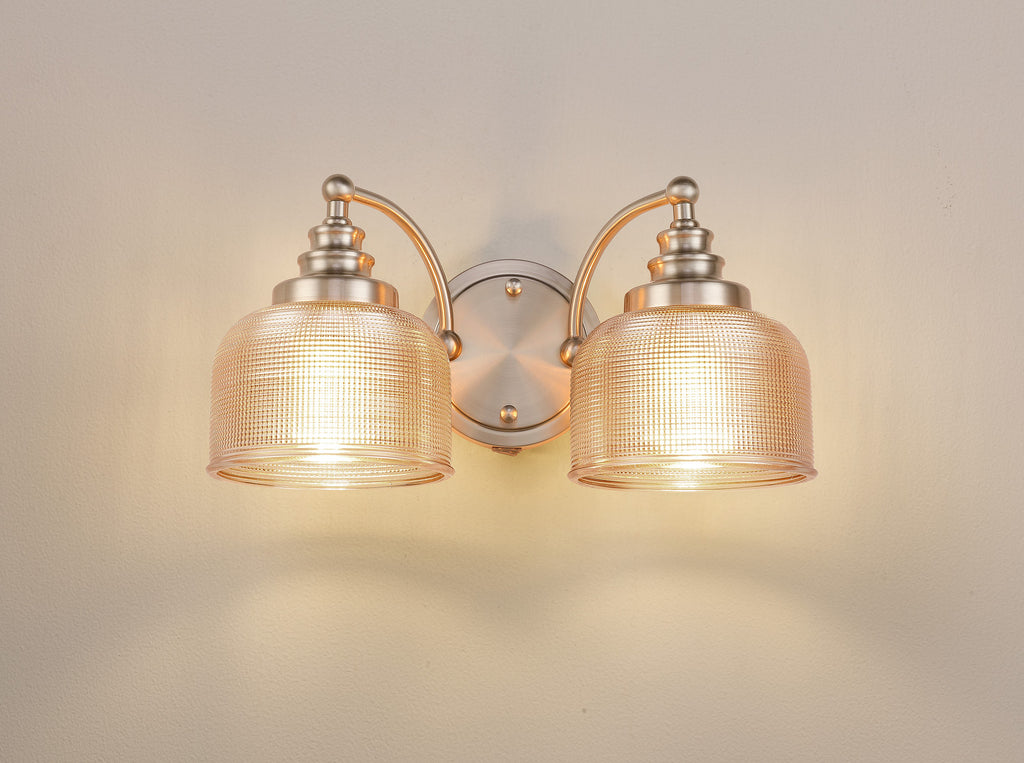 Satin Nickel Sledmere Double Wall Light, Switched, 2 x E27, Glass Shade