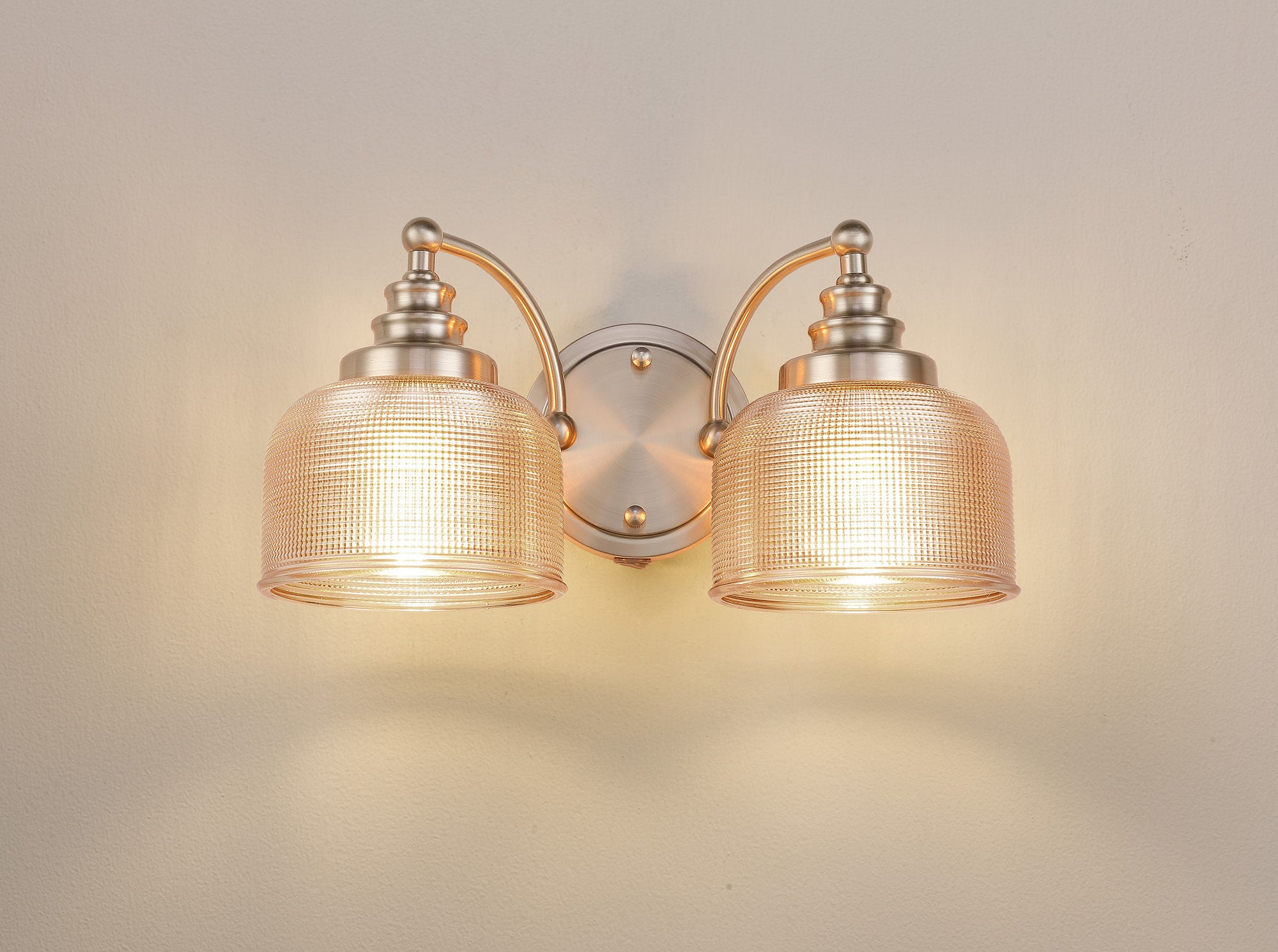 Satin Nickel Sledmere Double Wall Light, Switched, 2 x E27, Glass Shade