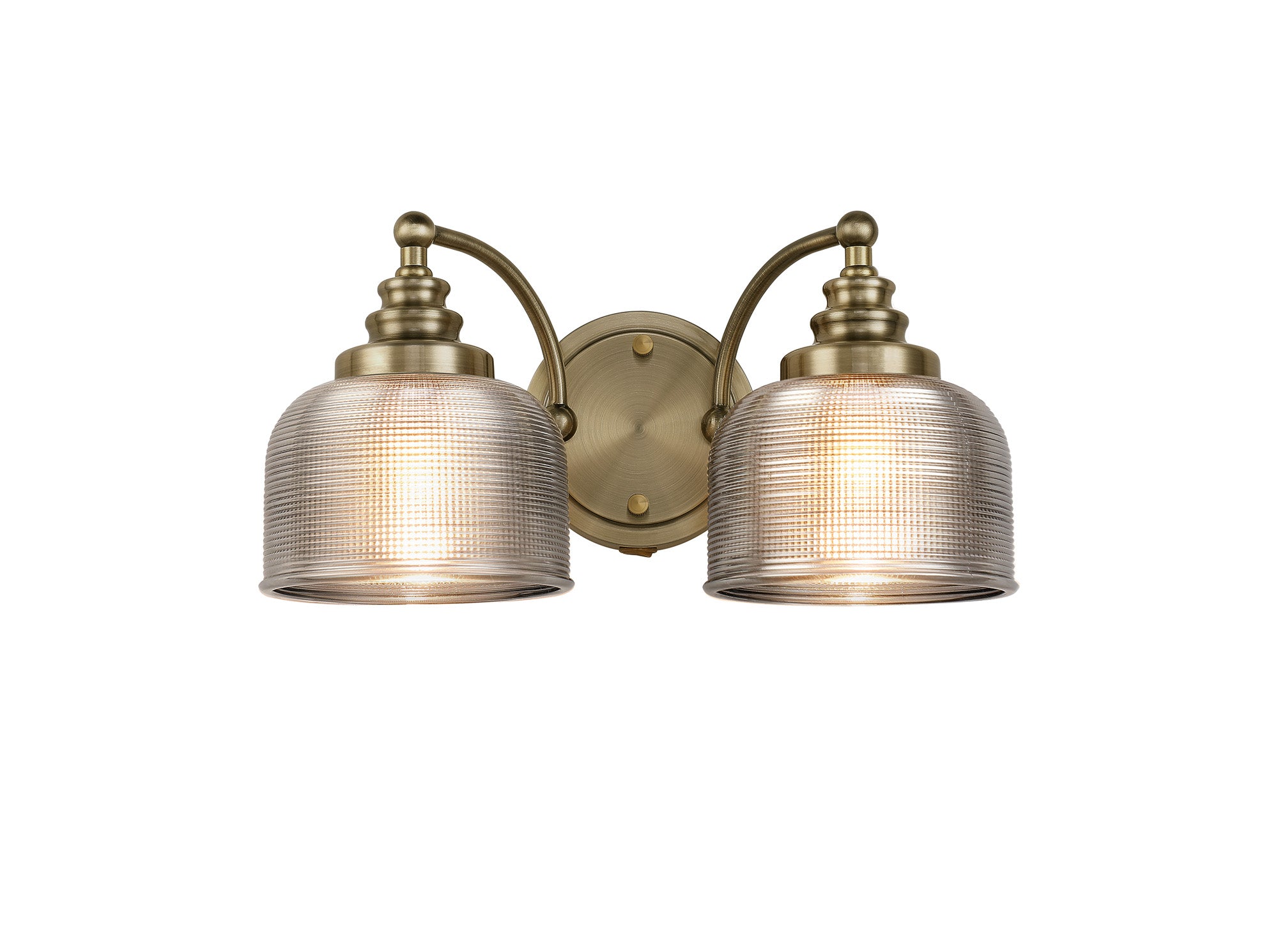 Antique Brass Sledmere Double Wall Light, Switched, 2 x E27, Glass Shade