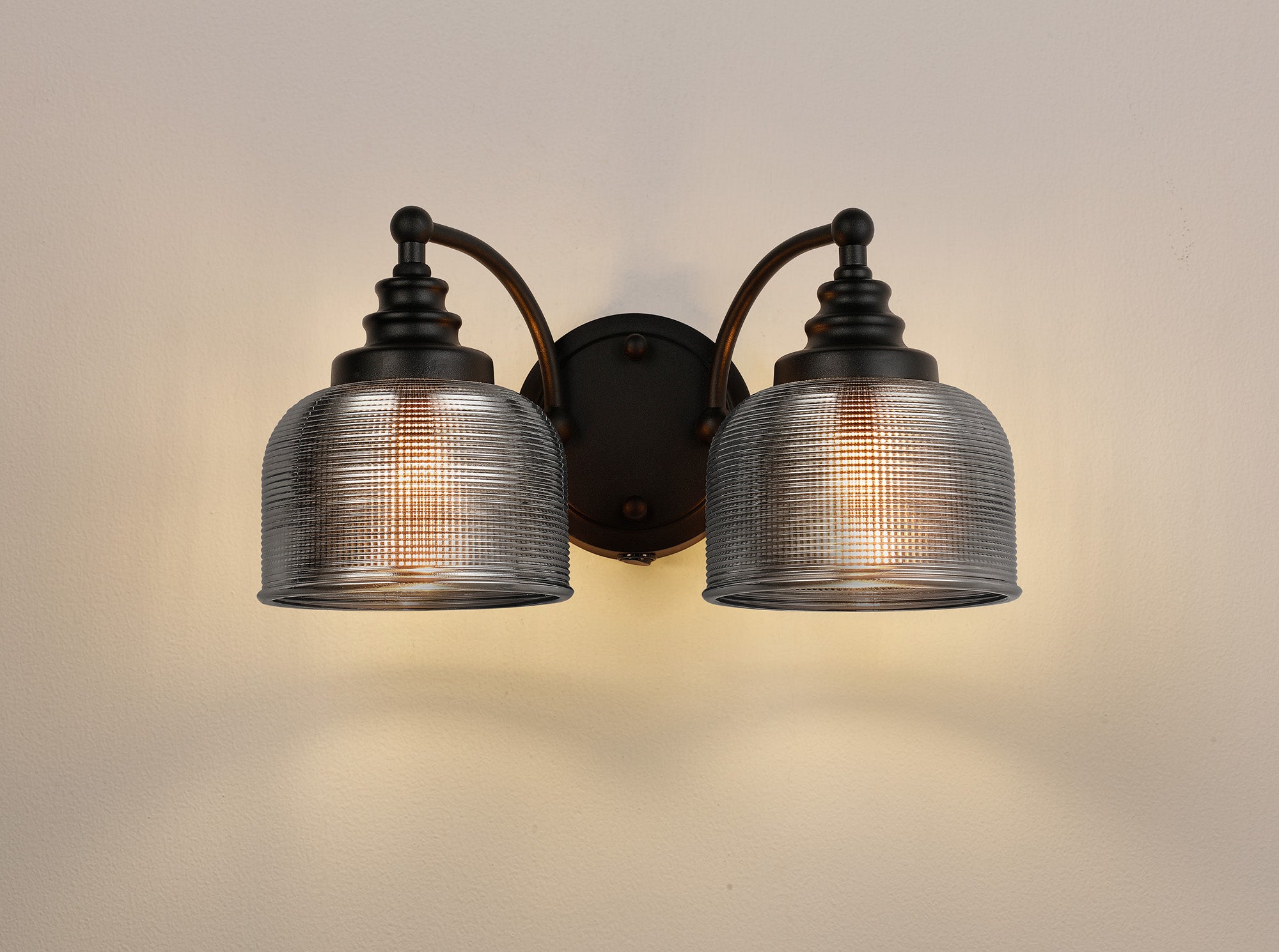 Matt Black Sledmere Double Wall Light, Switched, 2 x E27, Glass Shade