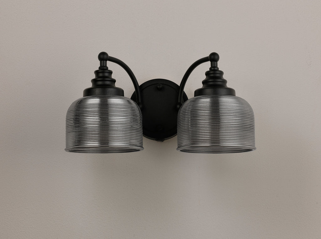 Matt Black Sledmere Double Wall Light, Switched, 2 x E27, Glass Shade