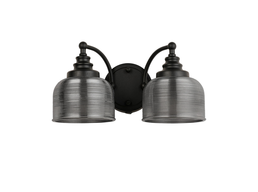 Matt Black Sledmere Double Wall Light, Switched, 2 x E27, Glass Shade