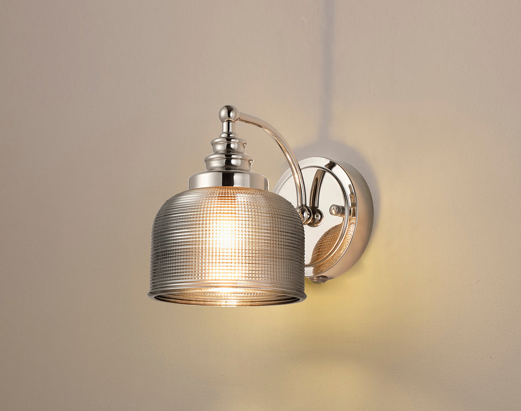 Polished Nickel Sledmere Single Wall Light, Switched, 1 x E27, Glass Shade