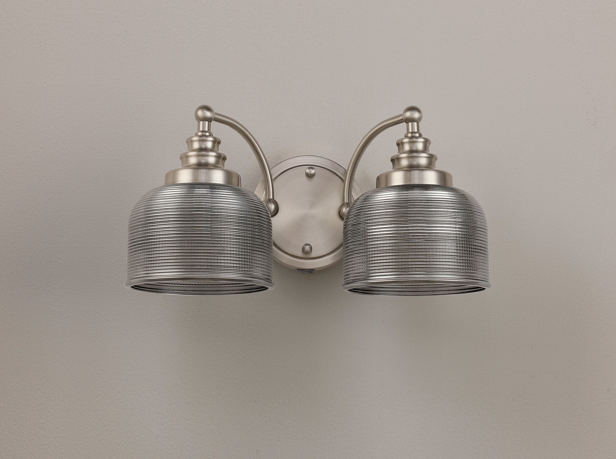 Satin Nickel Sledmere Double Wall Light, Switched, 2 x E27, Glass Shade