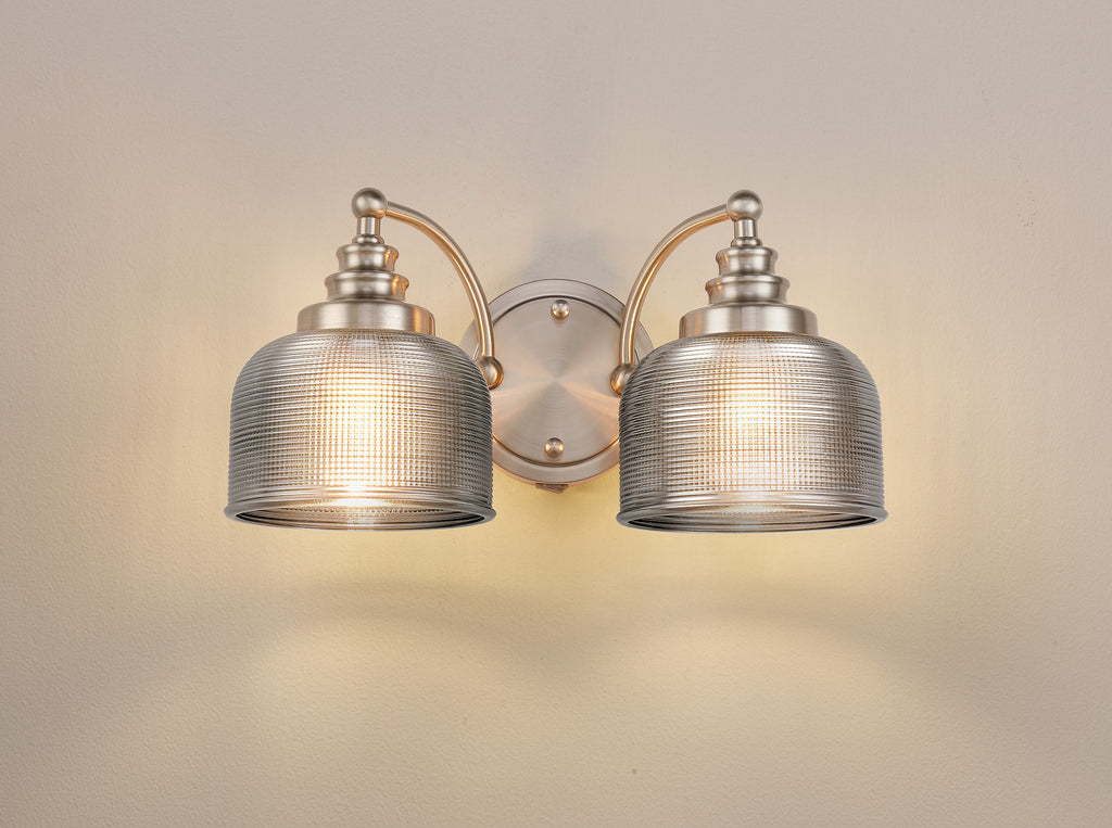 Satin Nickel Sledmere Double Wall Light, Switched, 2 x E27, Glass Shade
