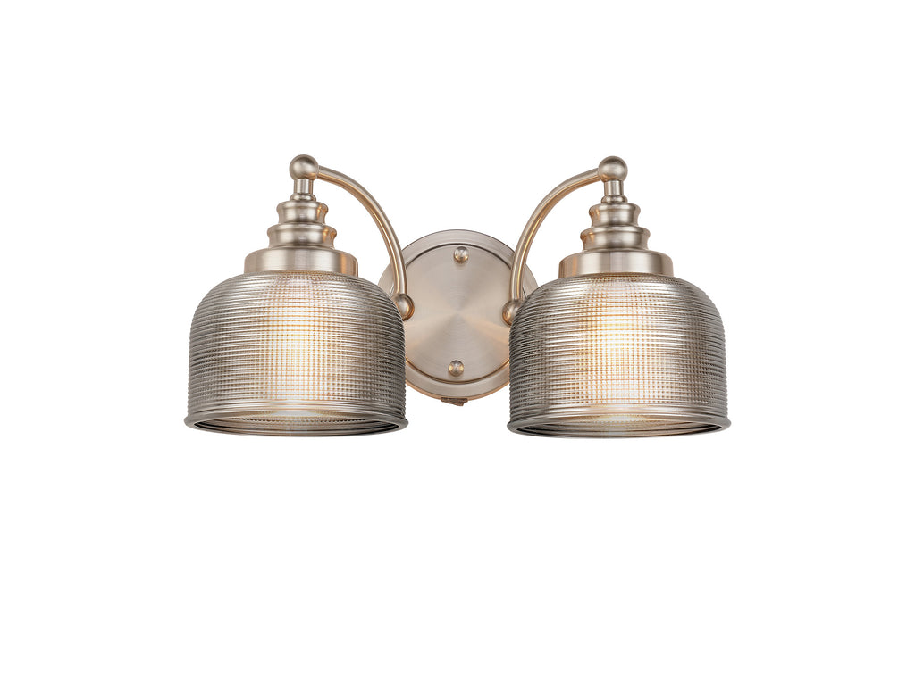 Satin Nickel Sledmere Double Wall Light, Switched, 2 x E27, Glass Shade