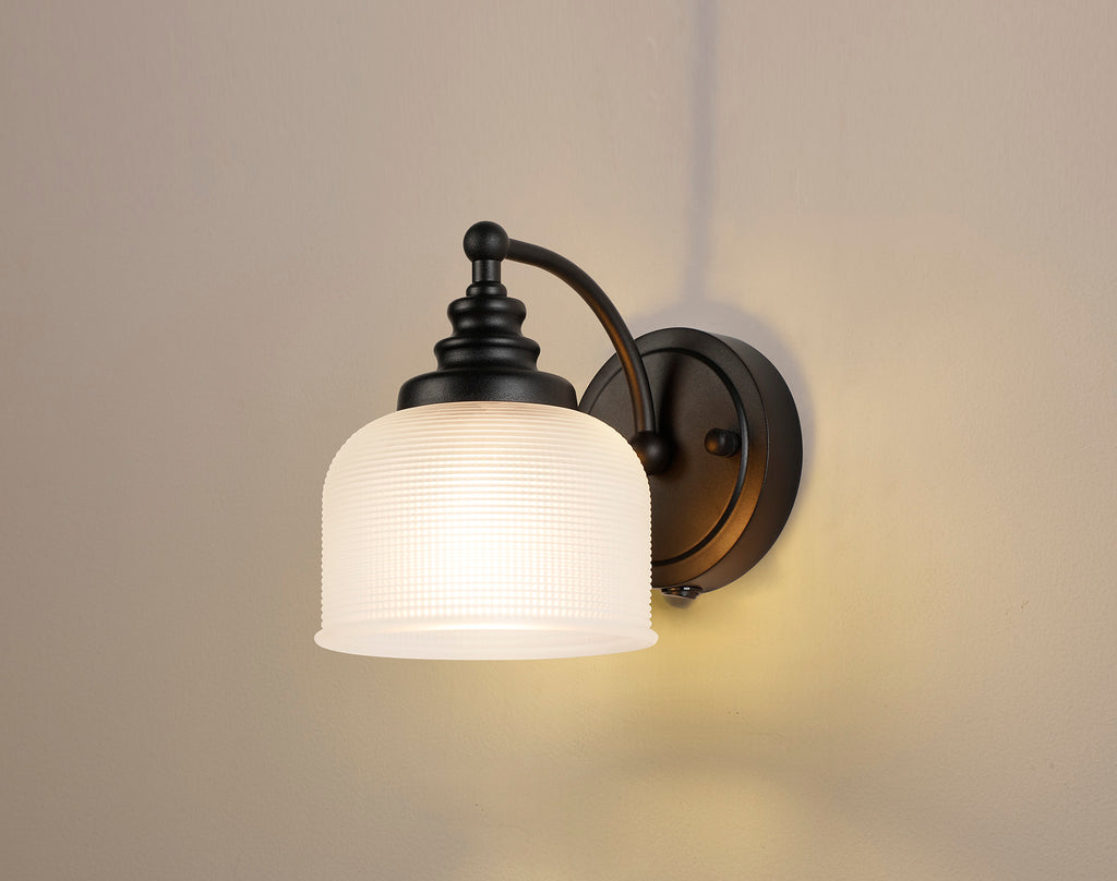Matt Black Sledmere Single Wall Light, Switched, 1 x E27, Glass Shade