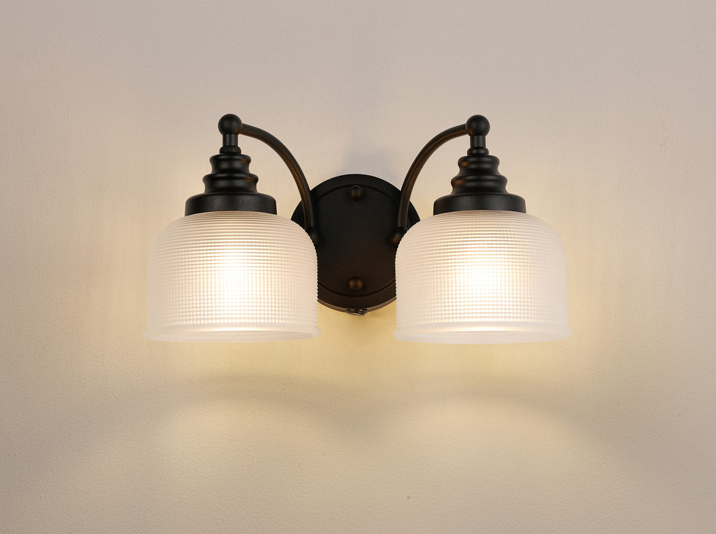 Matt Black Sledmere Double Wall Light, Switched, 2 x E27, Glass Shade