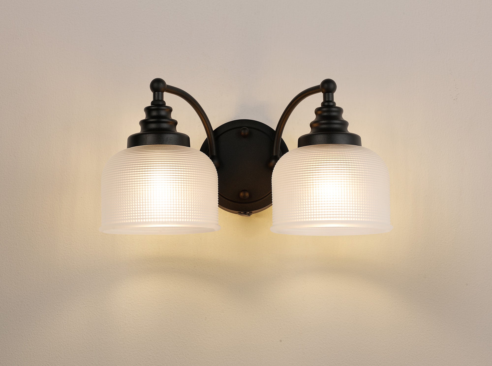 Matt Black Sledmere Double Wall Light, Switched, 2 x E27, Glass Shade