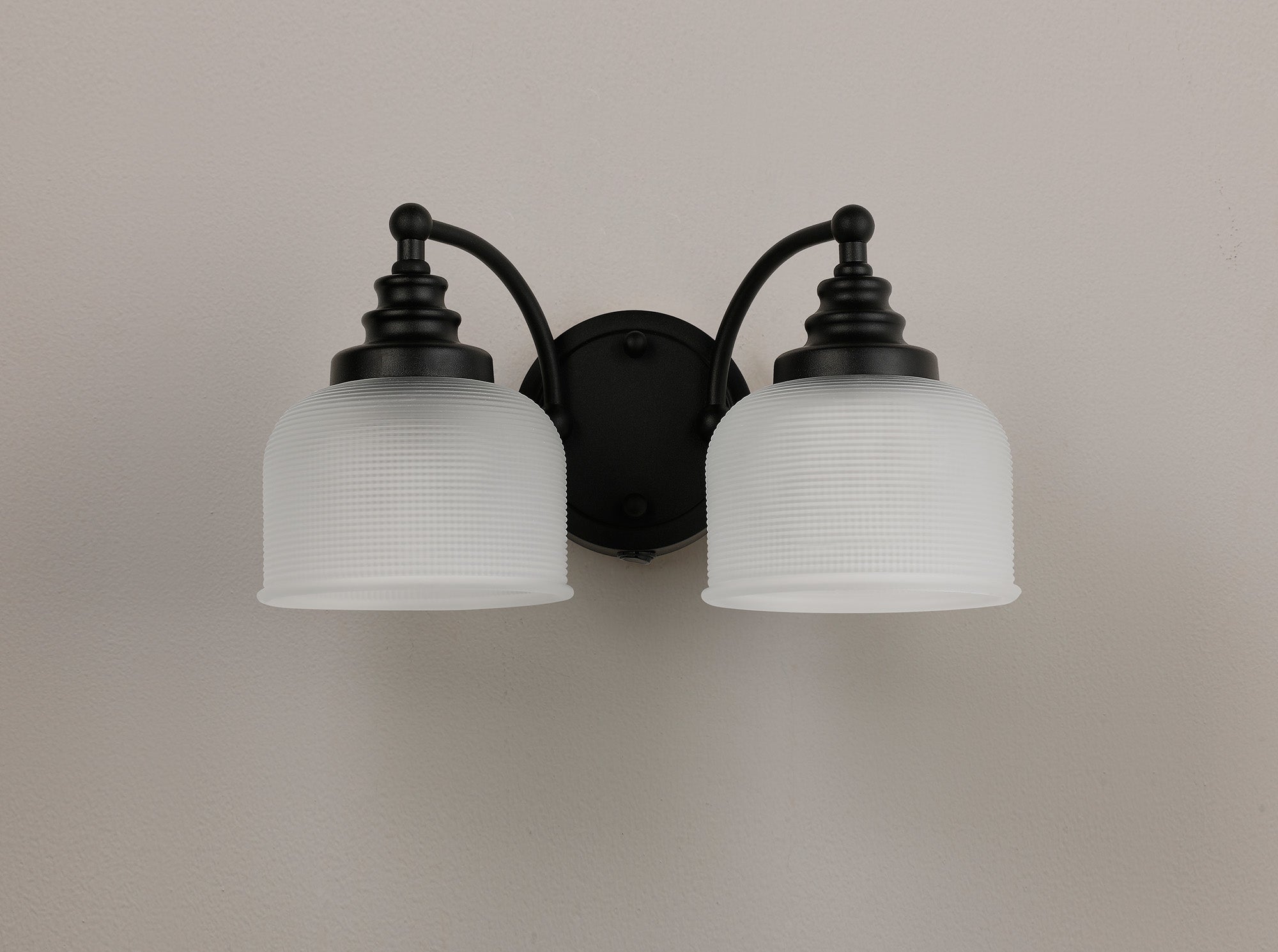Matt Black Sledmere Double Wall Light, Switched, 2 x E27, Glass Shade