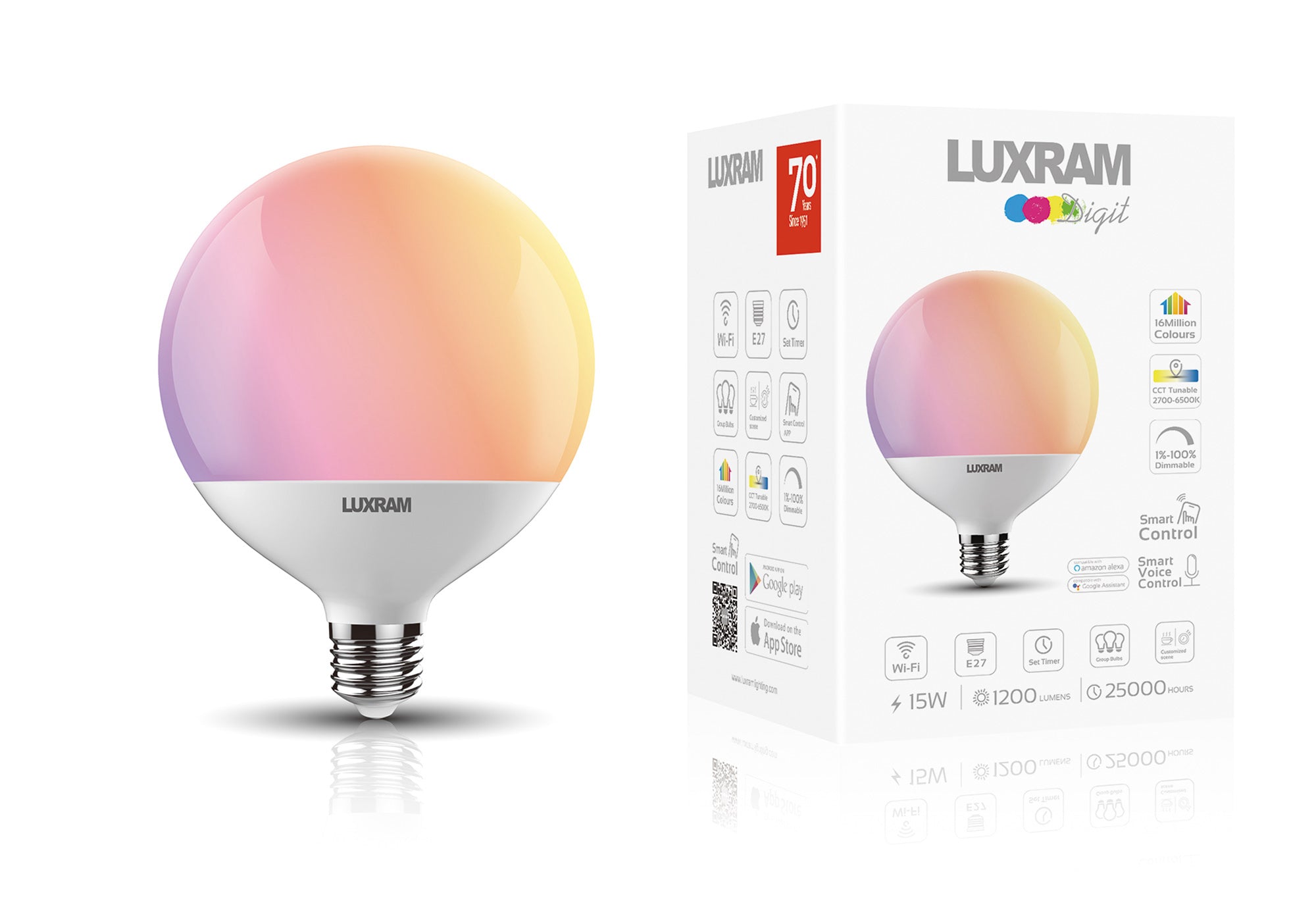 Luxram - SMART LED ES E27 RGB Globe - 15w 120mm - Luminosity Designs Ltd