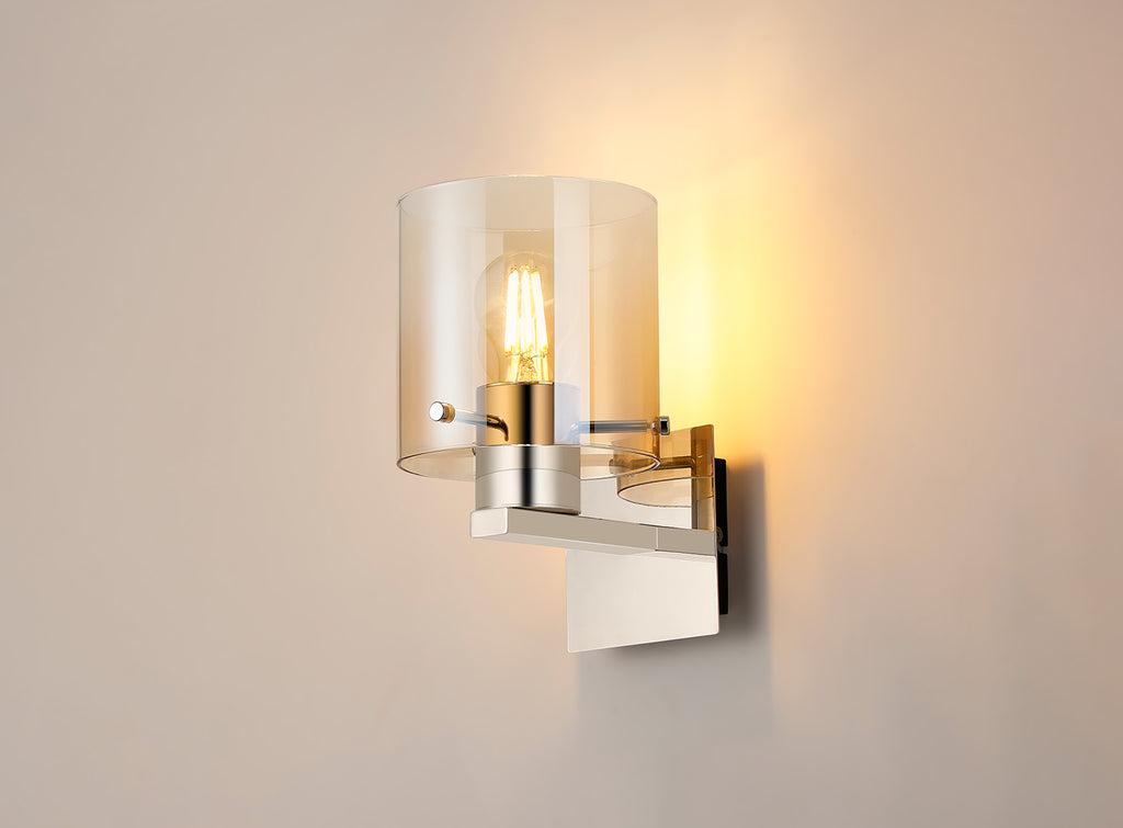 Fae Polished Nickel Framed Switched Wall Light With Tubular Glass. 1x E27