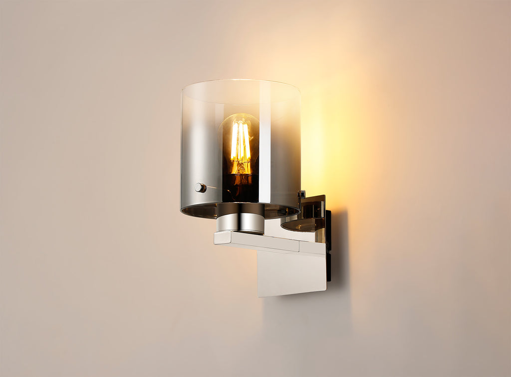 Fae Polished Nickel Framed Switched Wall Light With Tubular Glass. 1x E27