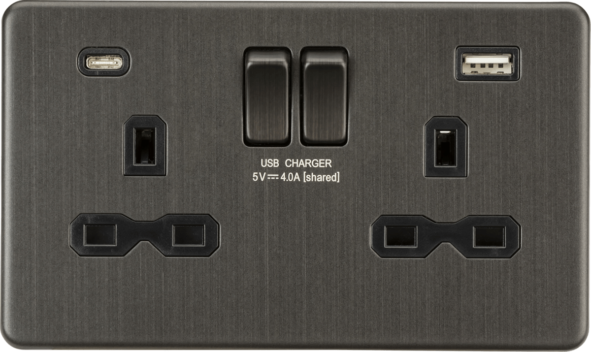 Knightsbridge - Smoked Bronze Flat Plate 2g Screwless 13A Switched Socket with Dual USB A+C (5V DC 4.0A shared) - Luminosity Designs Ltd