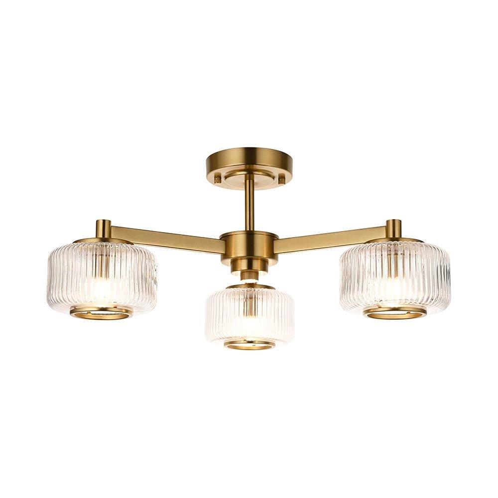 Endon - Stamford Art Deco Style 3 Light Semi Flush Fitting With Ribbed Glass Shades, 3X G9 - Luminosity Designs Ltd