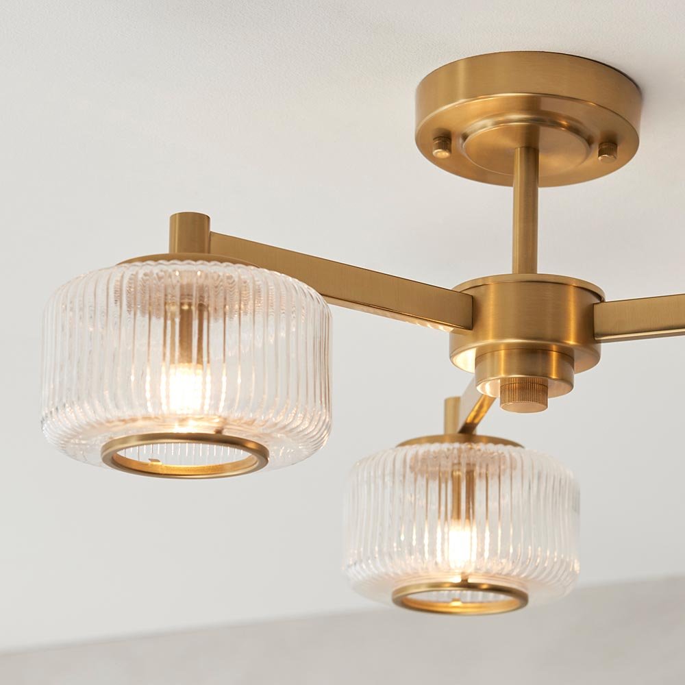 Endon - Stamford Art Deco Style 3 Light Semi Flush Fitting With Ribbed Glass Shades, 3X G9 - Luminosity Designs Ltd