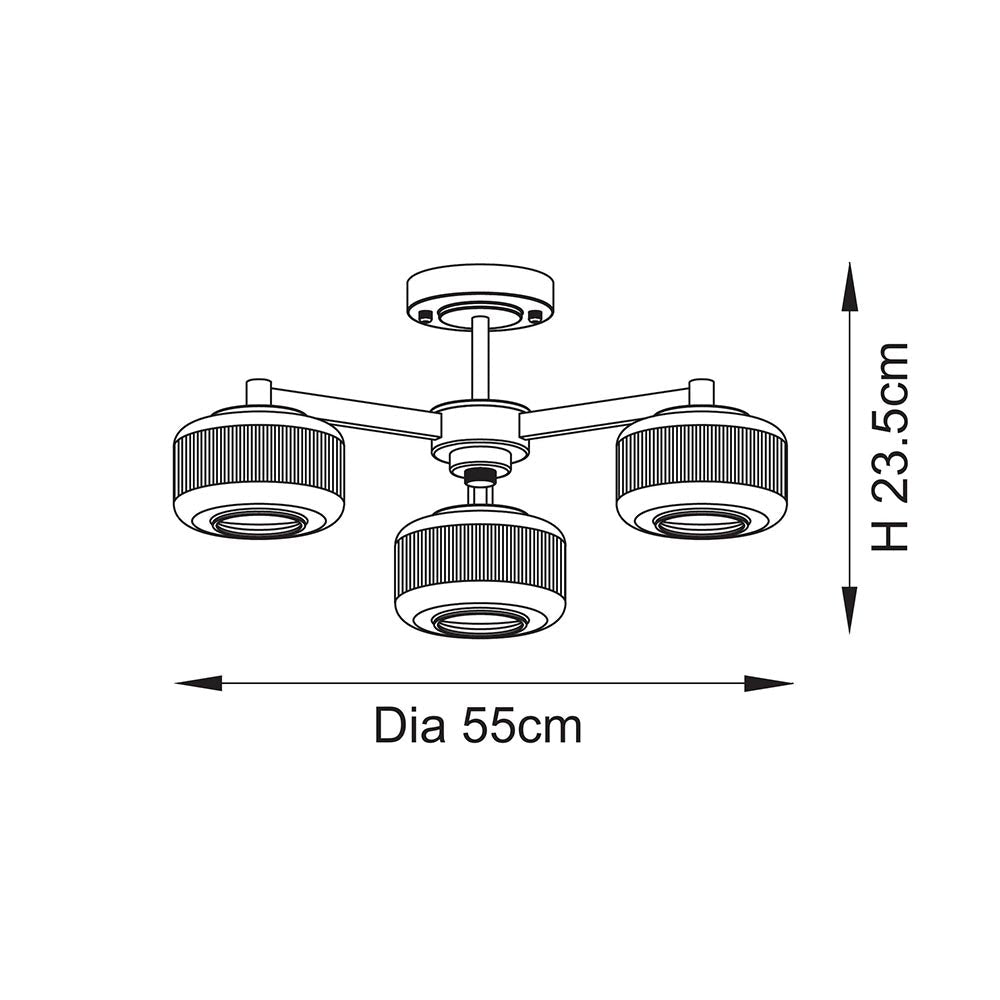 Endon - Stamford Art Deco Style 3 Light Semi Flush Fitting With Ribbed Glass Shades, 3X G9 - Luminosity Designs Ltd