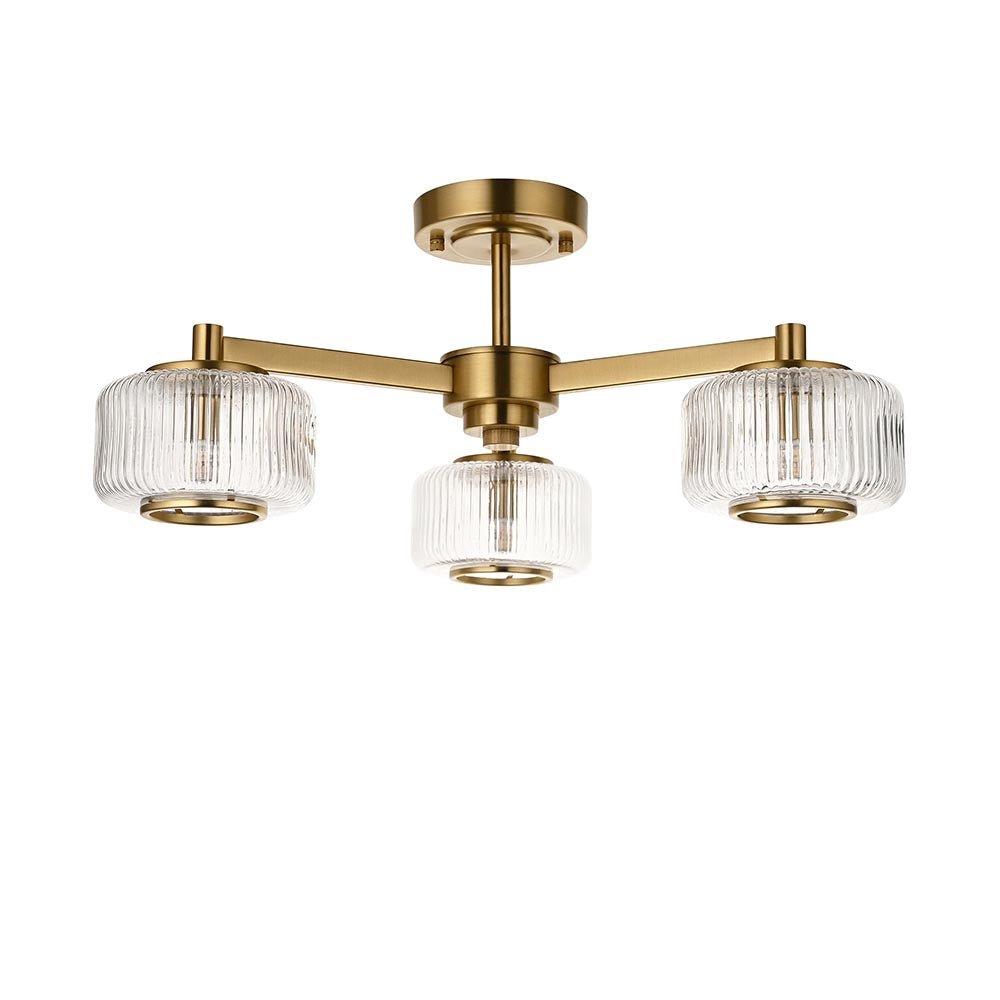 Endon - Stamford Art Deco Style 3 Light Semi Flush Fitting With Ribbed Glass Shades, 3X G9 - Luminosity Designs Ltd