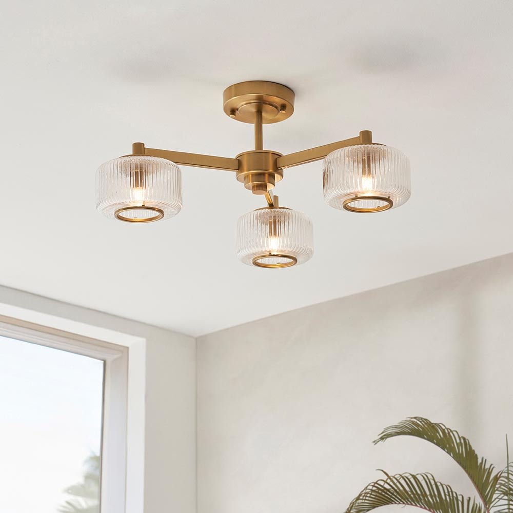 Endon - Stamford Art Deco Style 3 Light Semi Flush Fitting With Ribbed Glass Shades, 3X G9 - Luminosity Designs Ltd