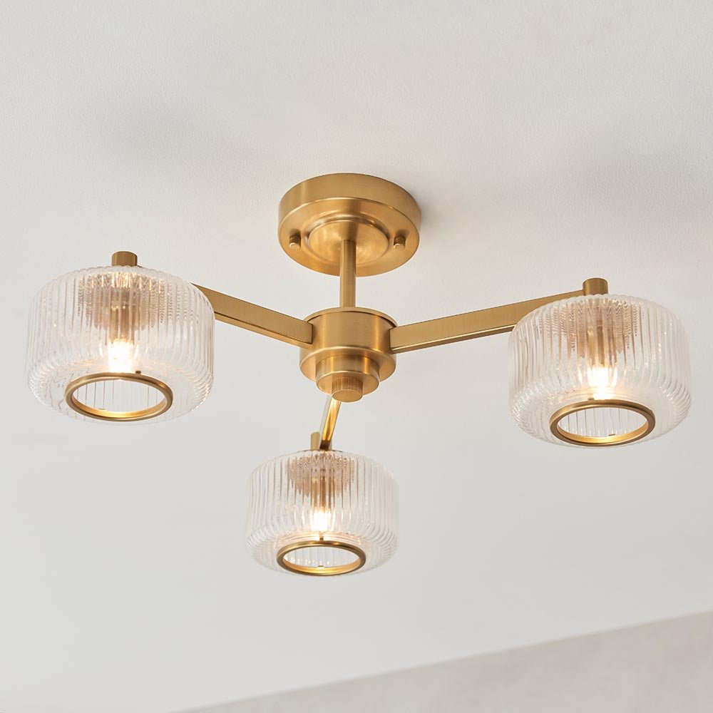 Endon - Stamford Art Deco Style 3 Light Semi Flush Fitting With Ribbed Glass Shades, 3X G9 - Luminosity Designs Ltd