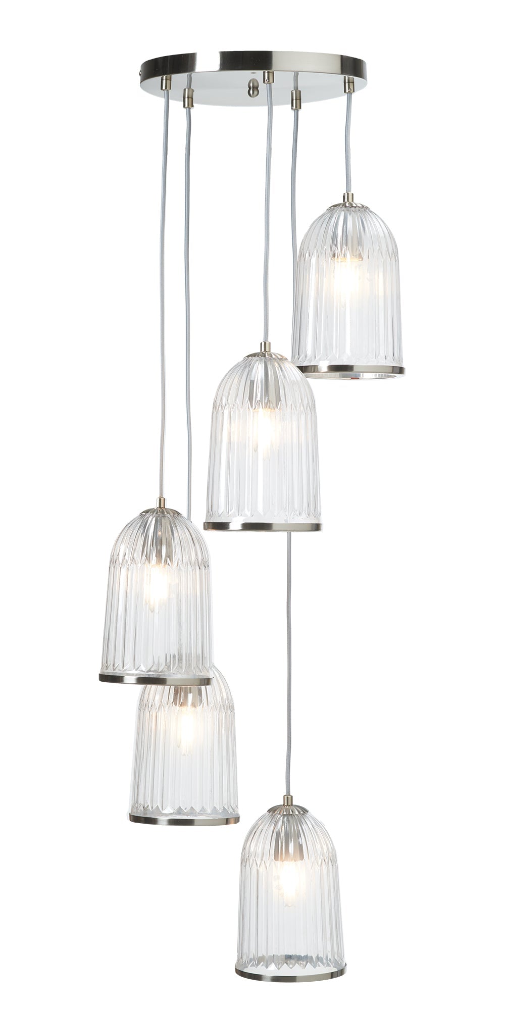 Oaks Lighting - Stanley 5 Light Glass Spiral Multi Pendant With Satin Nickel Trim. 5x E27 - Luminosity Designs Ltd
