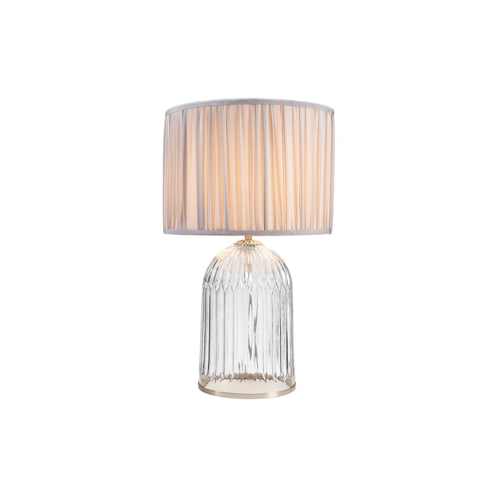 Oaks Lighting - Stanley Large Glass Table Lamp With Satin Nickel Trim and Mushroom Pleated Shade. 1x E27 - Luminosity Designs Ltd