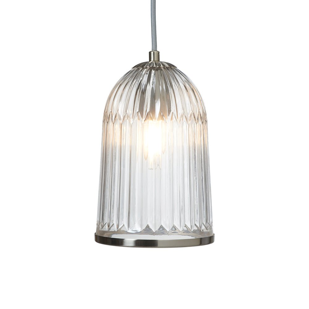 Oaks Lighting - Stanley Single Glass Pendant With Satin Nickel Trim and Linen Shade. 1x E27 - Luminosity Designs Ltd