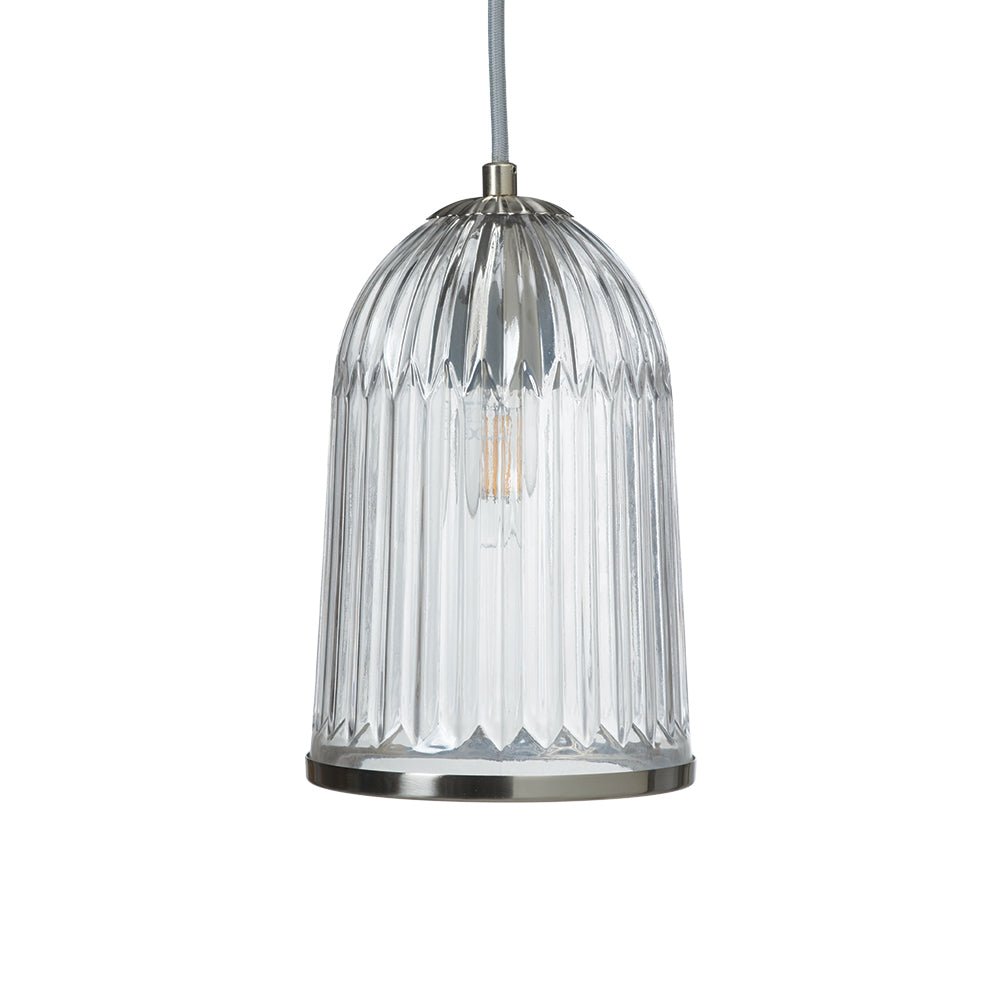 Oaks Lighting - Stanley Single Glass Pendant With Satin Nickel Trim and Linen Shade. 1x E27 - Luminosity Designs Ltd