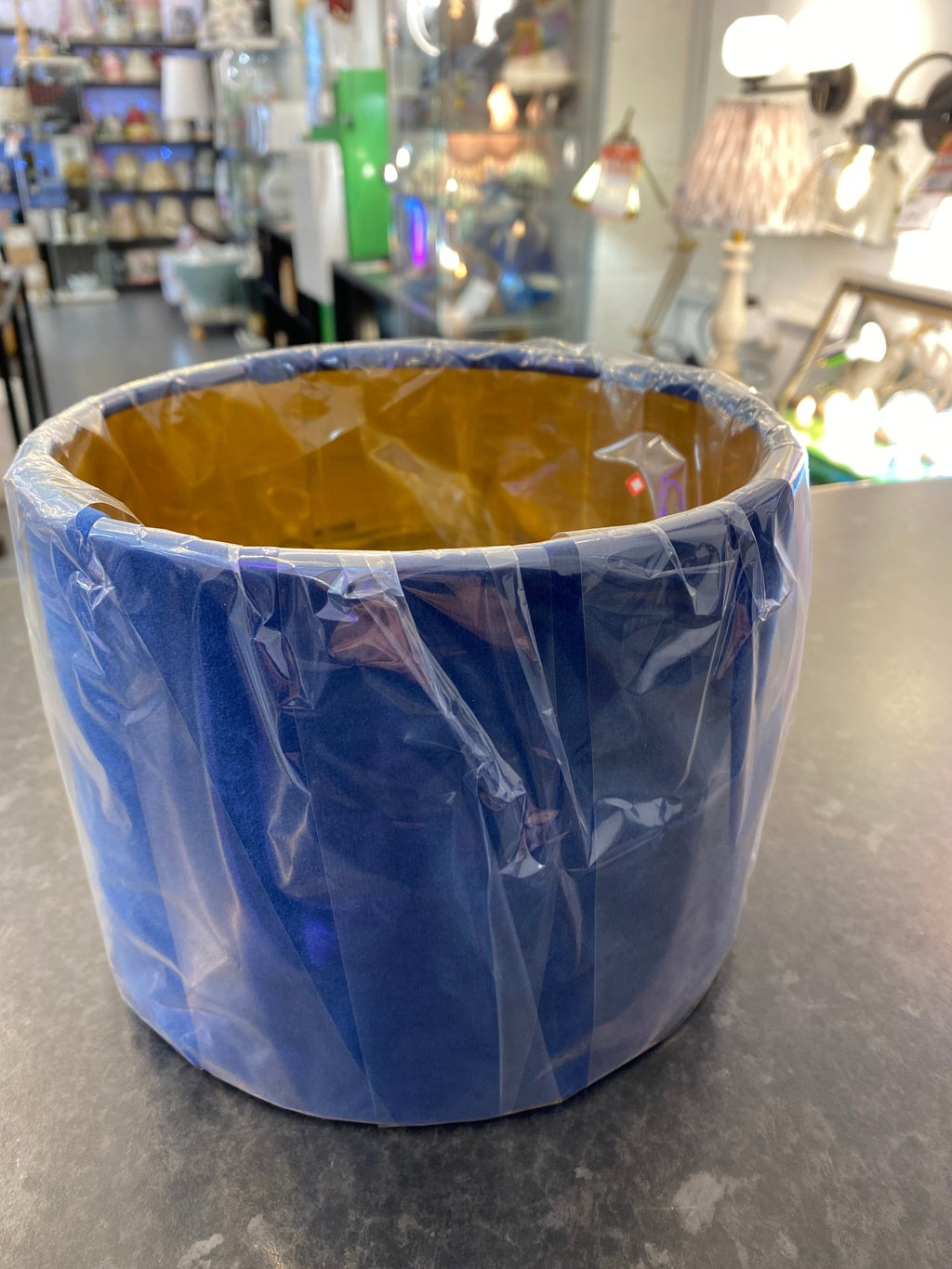 Oaks Lighting - STOCK CLEARANCE - Blue Velvet Drum Shade with gold inner 18cm - Luminosity Designs Ltd